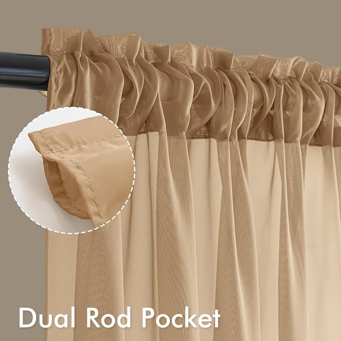 MIULEE Brown Sheer Curtains 63 Inches Long, 4 Panels Set, Rod Pocket Voile - Image 3