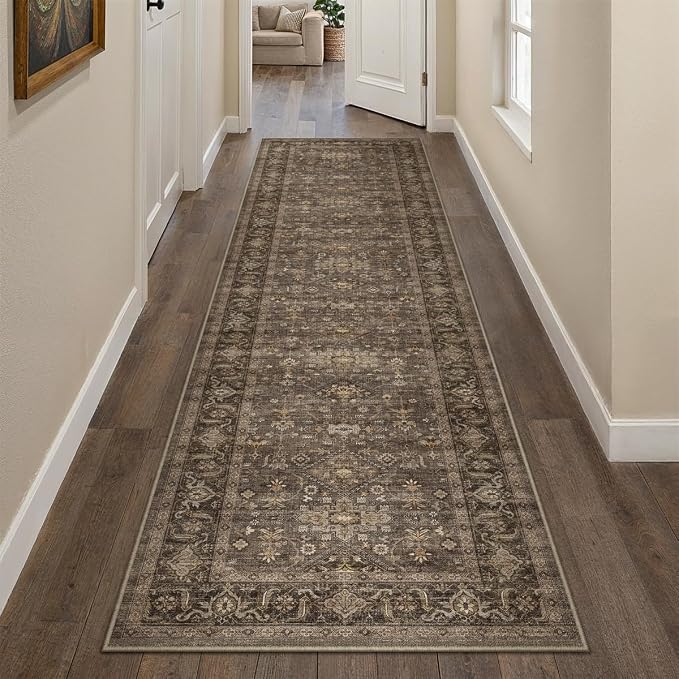 2x10 Washable Runner Rug for Hallway Kitchen Vintage Brown Non Slip Low Pile by WondRg