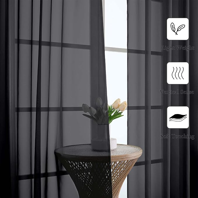 Lecloud Black Sheer Curtains 108 Inches Long 2 Panels Set, Extra Wide Airy - Image 3