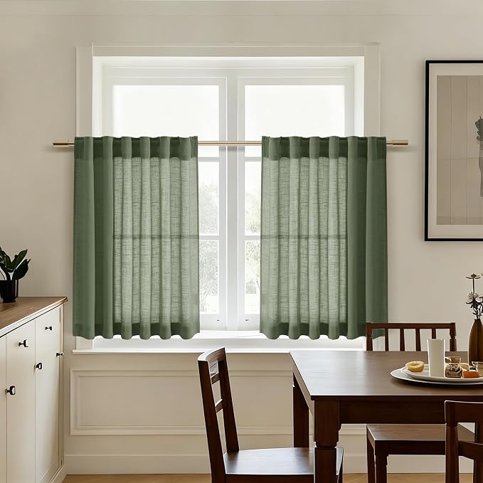 Nanspring Linen Kitchen Curtains 30 Inches Long 2 Panels Olive Green Semi Sheer - Image 5