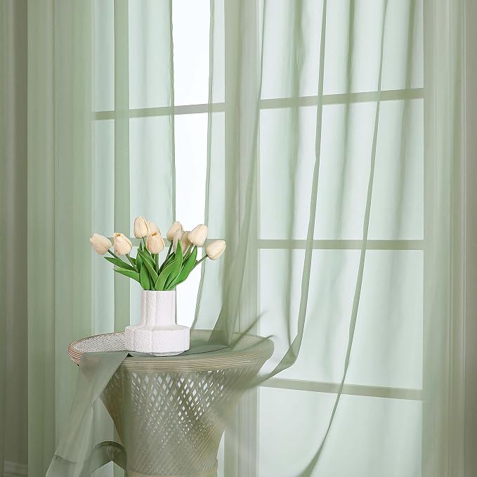 OWENIE Sage Green Sheer Curtain 90 Inches Long 2 Panels Set, Solid Filmy Drapes - Image 7