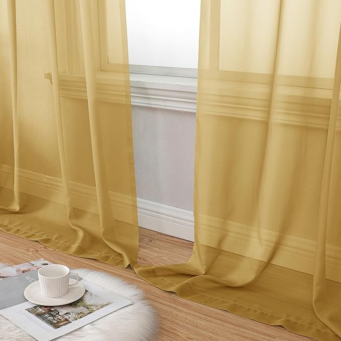 Aiyufeng Gold Sheer Curtains 63 Inch Length 2 Panels Set, Light Filtering Gold - Image 6