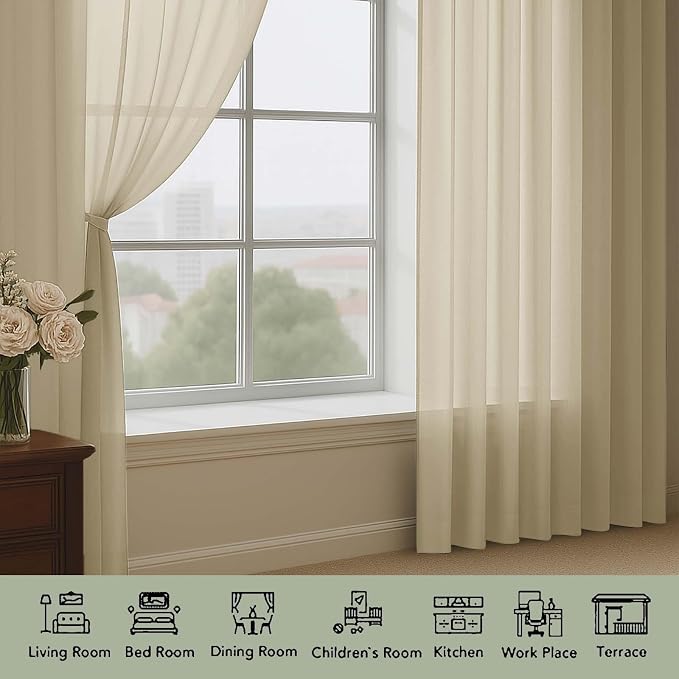 OWENIE Sheer Curtains 84 Inches Long 2 Panels Set, Sheer Taupe Curtains - Image 3