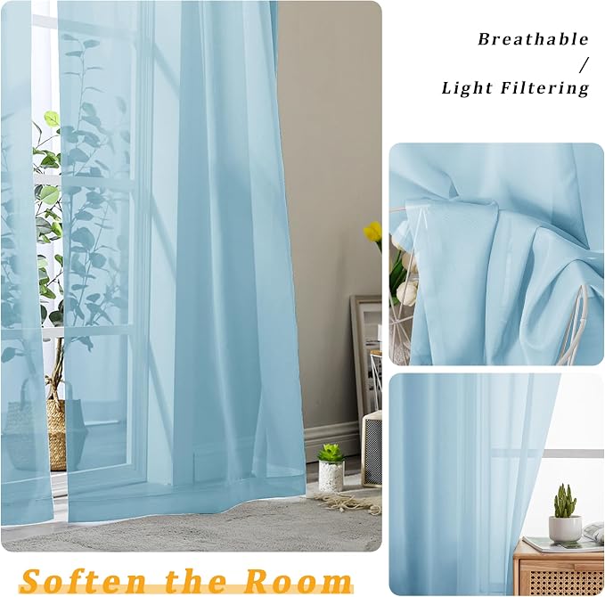 Gwine Sky Blue Sheer Kitchen Curtains 36 Inch Length, Light Filtering Voile - Image 3
