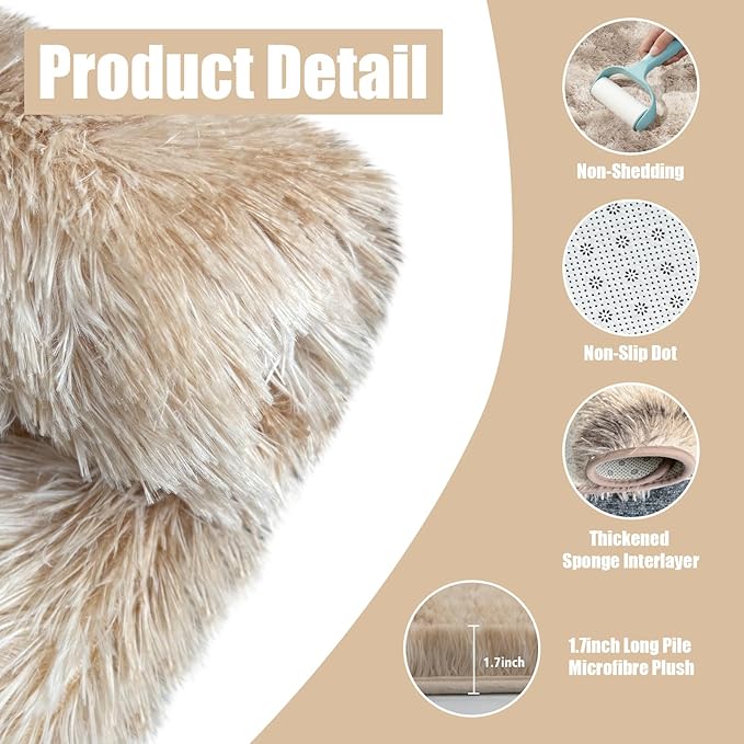 Tie-Dyed Beige Fluffy Round Rug, Soft Area Rugs - Image 4