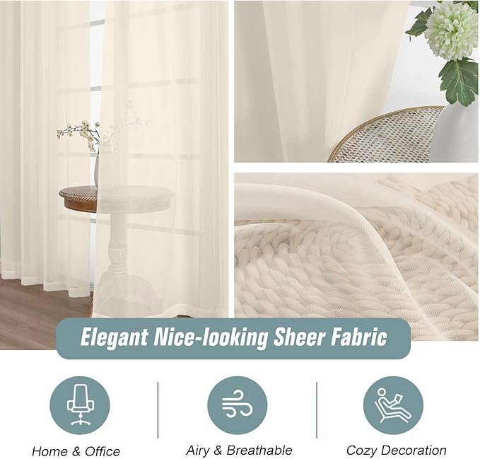 Cream Sheer Curtains for Windows 108 inches Long 2 Panels Set, Soft Lightweight - Image 4