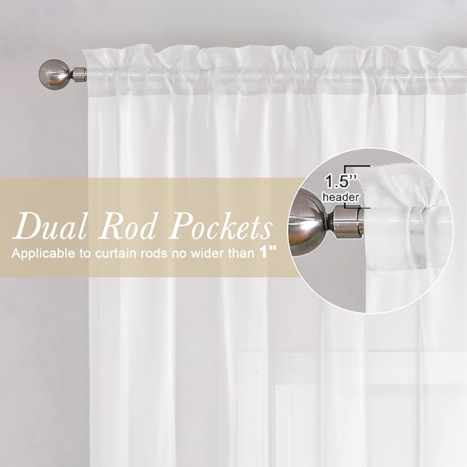 Lecloud White Sheer Curtains 72 Inches Long 2 Panels, Light Filtering Voile - Image 2