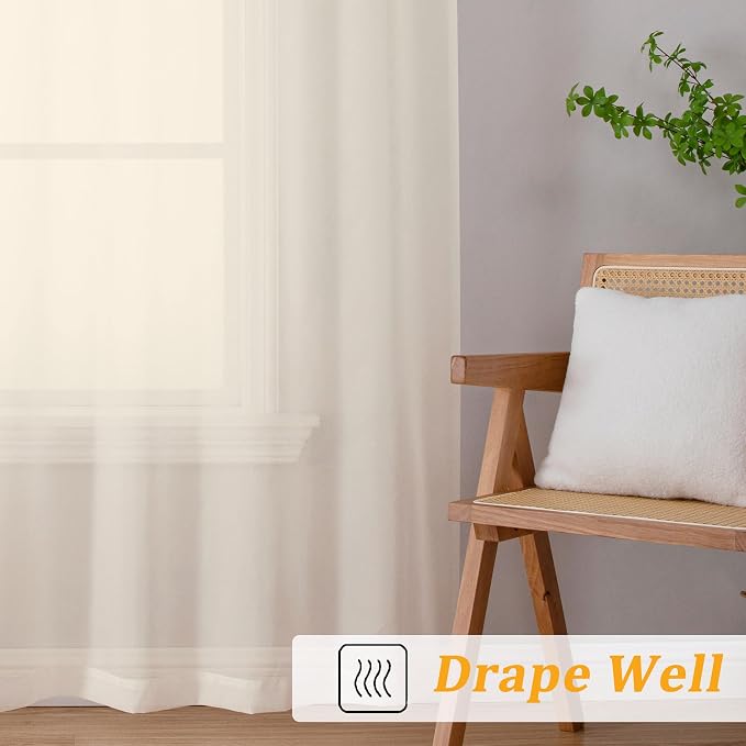 Gwine Cream Sheer Curtains 48 Inches Long 2 Panels Set, Light Filtering Sheer - Image 6