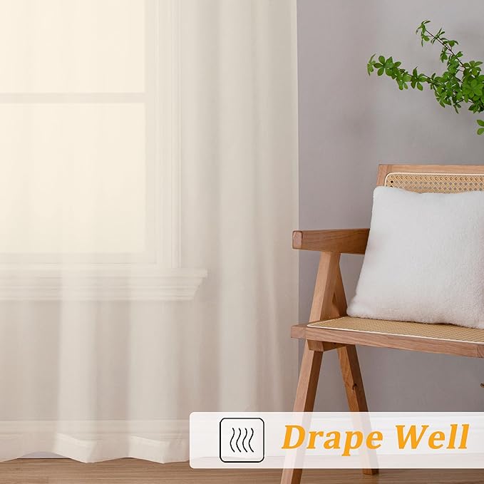 Gwine Cream Sheer Curtains 68 Inches Long 2 Panels Set, Light Filtering Sheer - Image 6