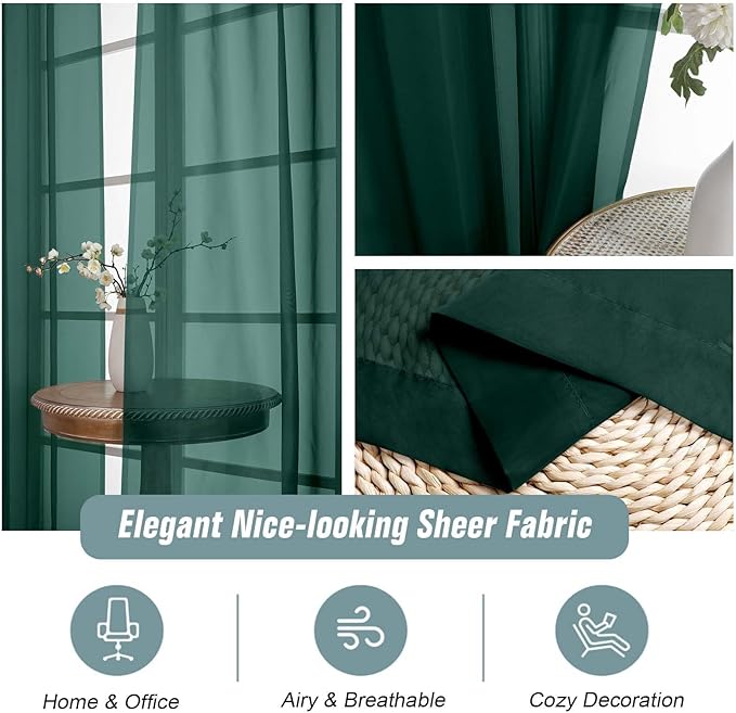 Green Sheer Curtains 90 Inches Long 2 Panels, Light Filtering Solid Sheer - Image 4