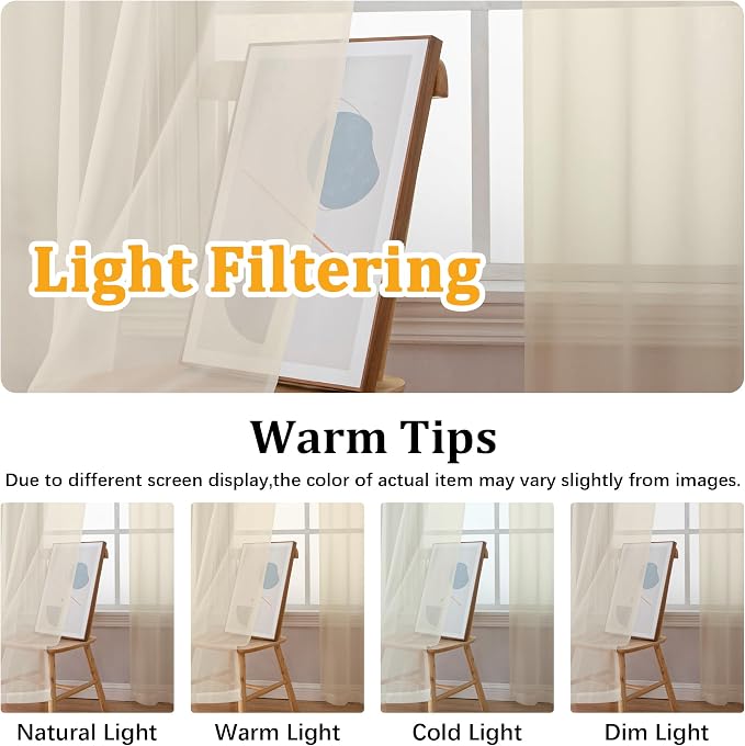 Gwine Cream Sheer Curtains 108 Inches Long 2 Panels Set, Voile Light Filtering - Image 5