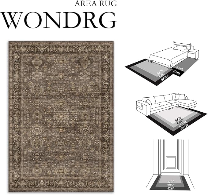2x10 Washable Runner Rug for Hallway Kitchen Vintage Brown Non Slip Low Pile - Image 2