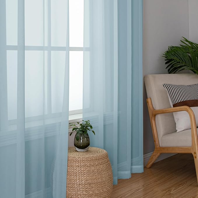 Chyhomenyc Sky Blue Sheer Curtains 45 Inch Long 2 Panels, Light Filtering Rod - Image 4