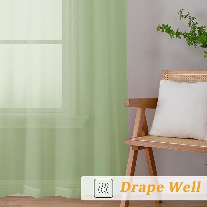 Gwine Light Green Sheer Curtains 84 Inches Long 2 Panels Set - Image 6