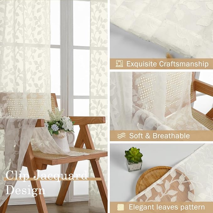 Chyhomenyc Ivory Sheer Curtains 24 Inch Length, Light Filtering Leaf Tufted - Image 8