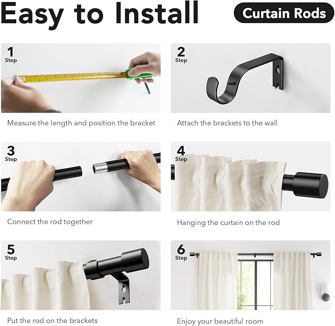 IFELS Heavy Duty Curtain Rods for Windows 66 to 120 Inch, 1 Inch Black Curtain - Image 7