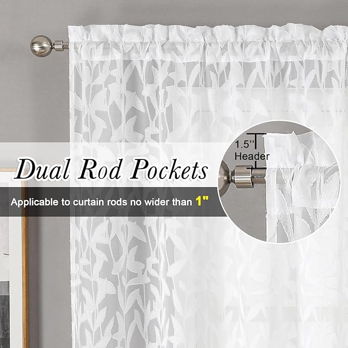 Lecloud Leia White Sheer Curtains 63 Inch Length 2 Panels, Rustic Light - Image 5