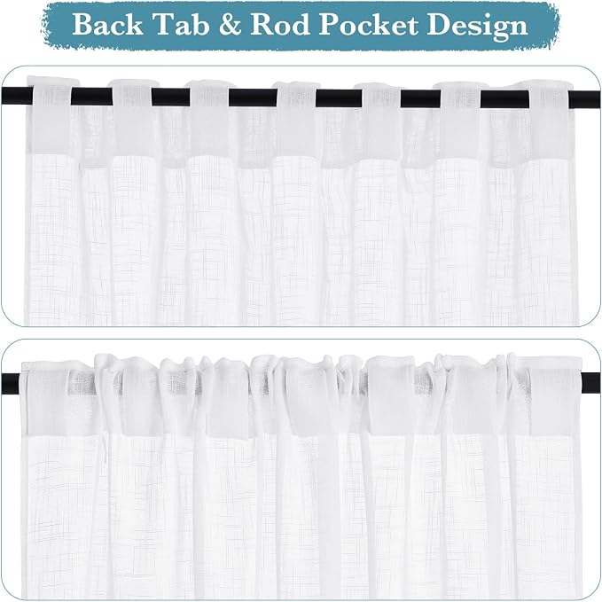 RYB HOME White Sheer Curtains Linen Texture Window Panels, Semi Sheer Light - Image 2
