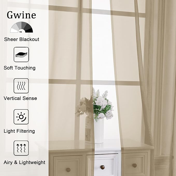 Gwine Taupe Sheer Curtains 96 Inches Long 2 Panels, Elegant Window Treatments - Image 2
