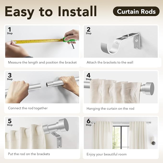 IFELS Heavy Duty Curtain Rods for Windows 66 to 120 Inch, 1 Inch Silver Window - Image 8