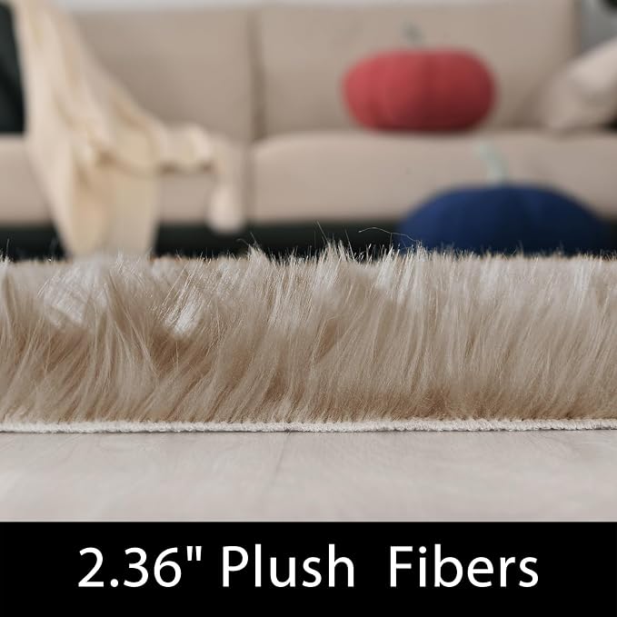 Latepis Round Fur Light Brown Beige Circle Rug 4ft Furry Washable Faux - Image 3