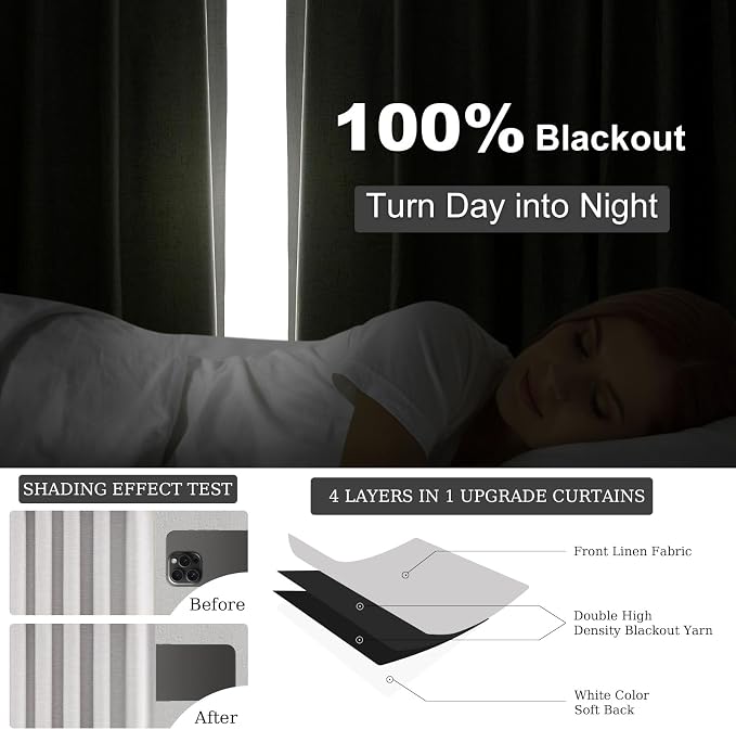 Linen Blackout Curtains & Drapes 92 Inches Long 2 Panels Set - Image 6