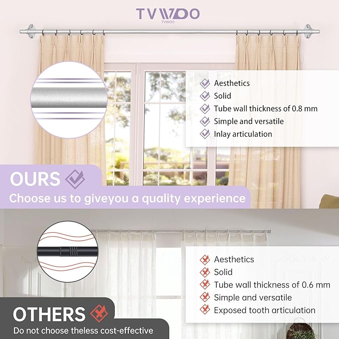 TVWOO Silver Wrap Around Curtain Rods:5/8 Inch Blackout Adjustable Window - Image 6