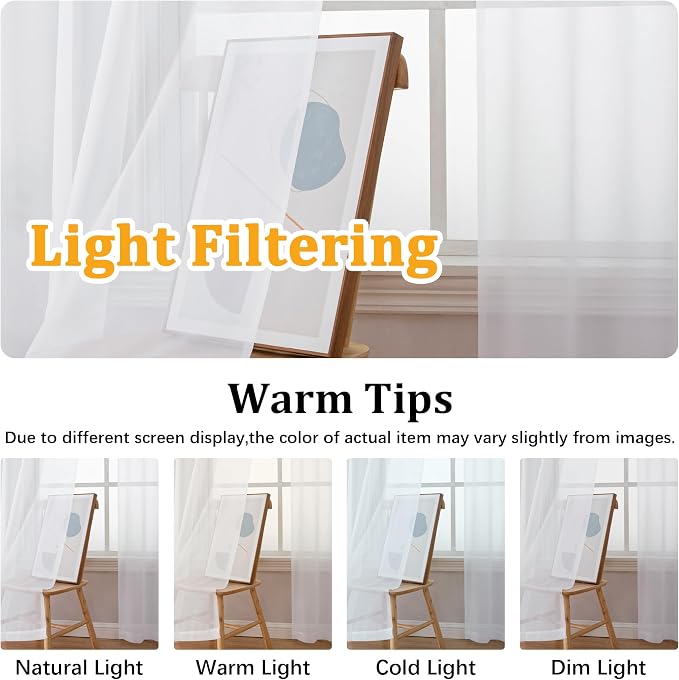 Gwine White Sheer Curtains for Bedroom 54 inches Long 2 Panels, Light Filtering - Image 5