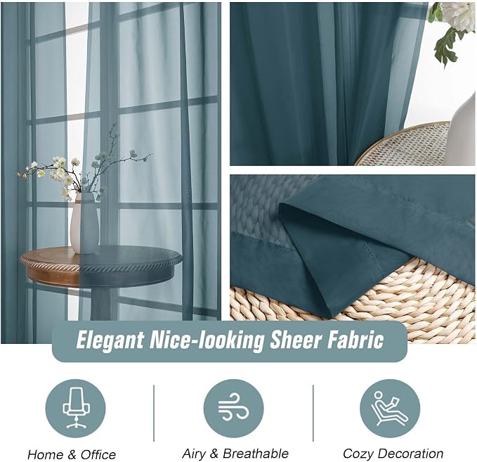 Dusty Blue Sheer Curtains 63 Inch Length 2 Panels, Voile Sheer Curtain - Image 4