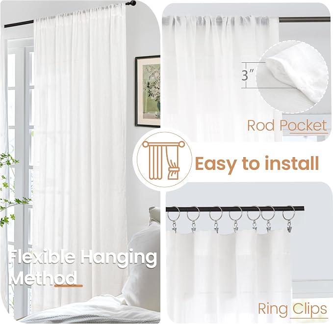 BGment 45 Inch Length White Linen Curtains - Image 6