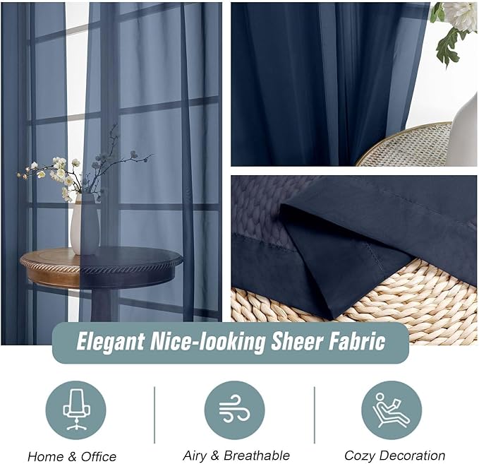 Navy Blue Sheer Curtains 90 Inches Long 2 Panels, Light Filtering Solid Sheer - Image 4