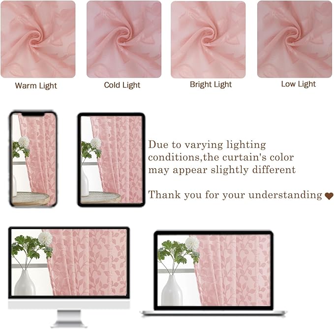 Chyhomenyc Blush Pink Sheer Curtains 30 Inch Length, Light Filtering Leaf - Image 3