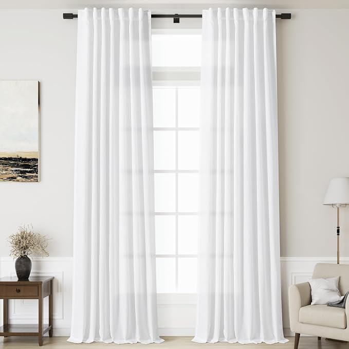 Nanspring White Linen Curtains for Living Room 123 Inches Long Extra Long Back by Nanspring