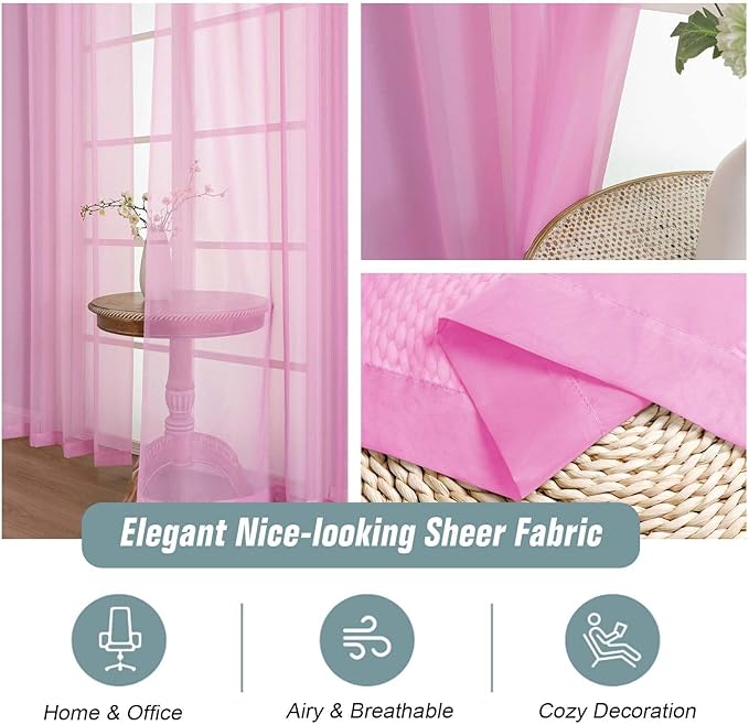 Light Pink Sheer Curtains 63 Inch Length 2 Panels, Voile Sheer Curtain - Image 4