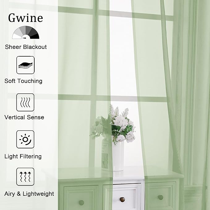 Gwine Light Green Sheer Curtains 84 Inches Long 2 Panels Set - Image 2