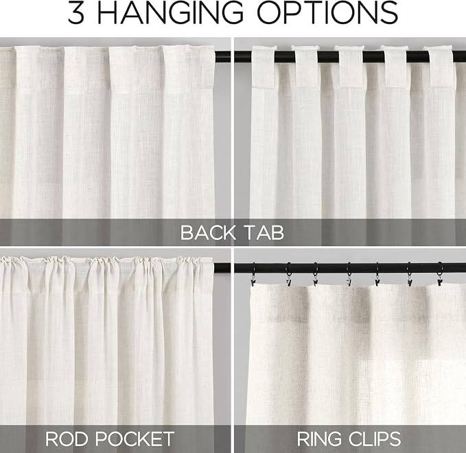 Nanspring Beige White Linen Curtains 63 Inch Length - Image 2