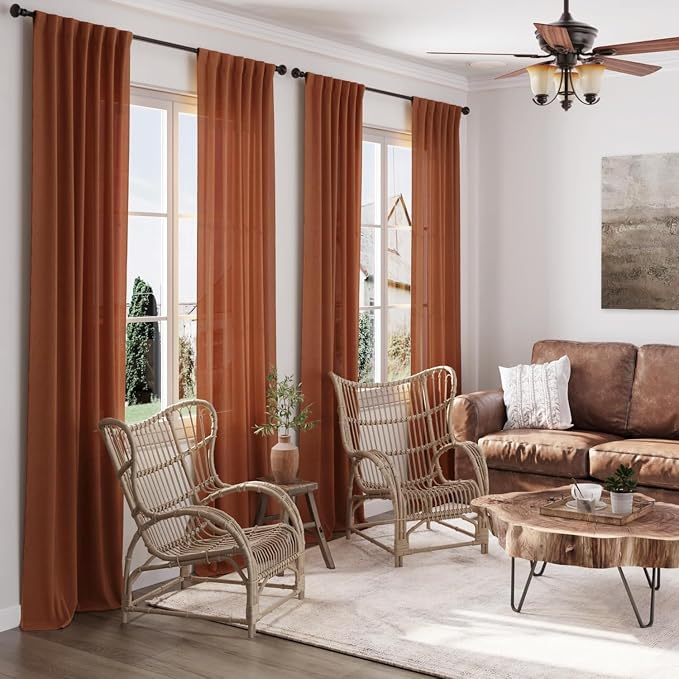 Nanspring Terracotta Long Linen Curtains 102 Inches Long 2 Panel Set Back Tab - Image 6
