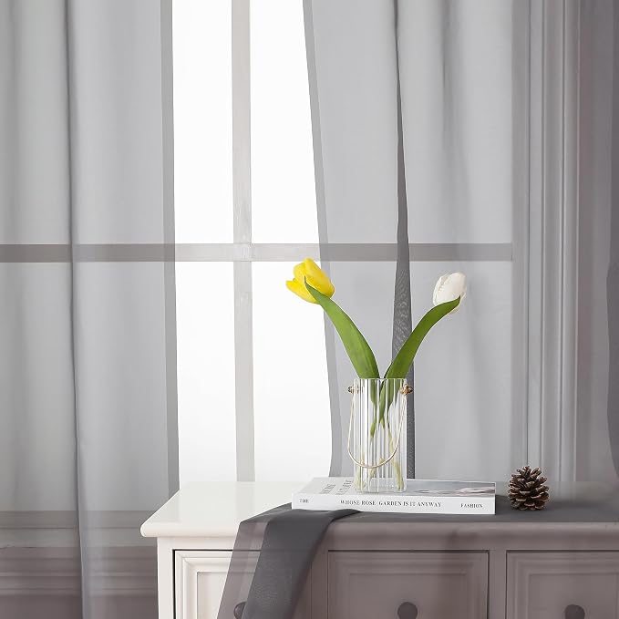 Lecloud Grey Sheer Curtains 45 Inch Long 2 Panels, Short Voile Drapes - Image 8