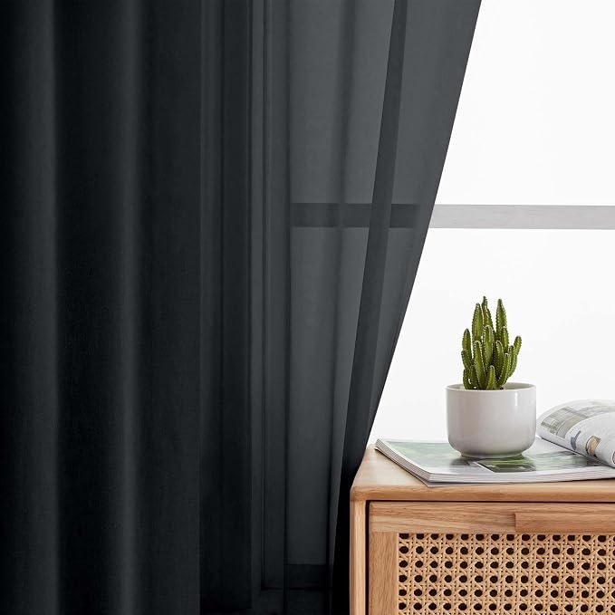 Black Sheer Curtains for Bedroom Living Room 45 Inch Length 2 Panels, Soft Airy - Image 6