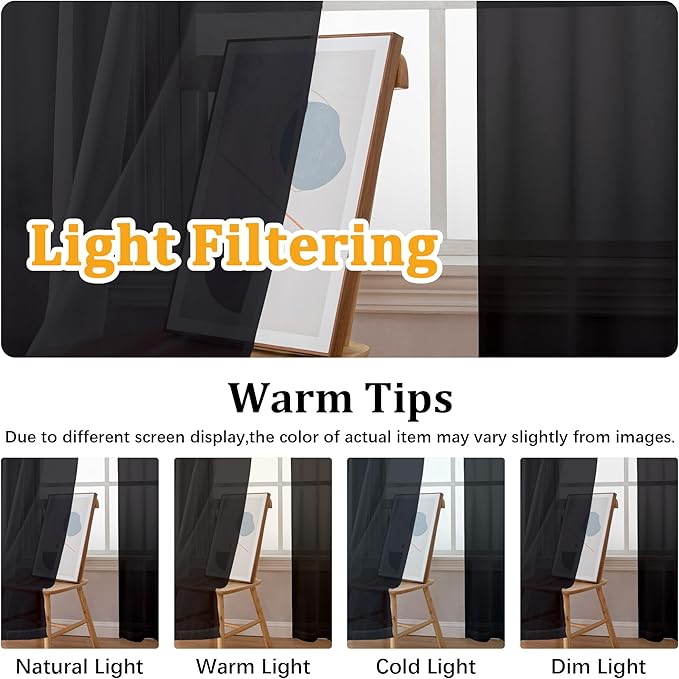 Gwine Black Sheer Curtains 72 Inches Long 2 Panels, Light Filtering Sheer - Image 5