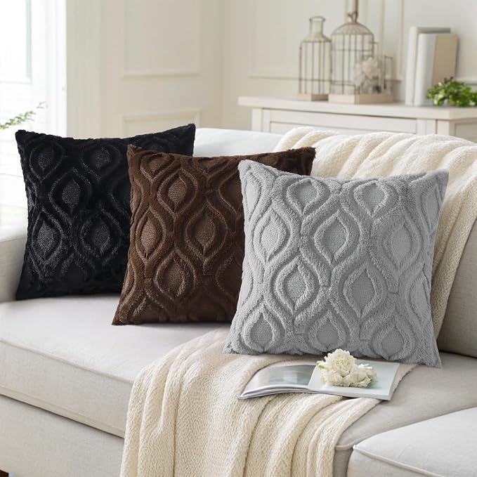 decorUhome Throw Pillow Covers 16x16 Inch Set of 2, Soft Plush Faux Wool Black - Image 4
