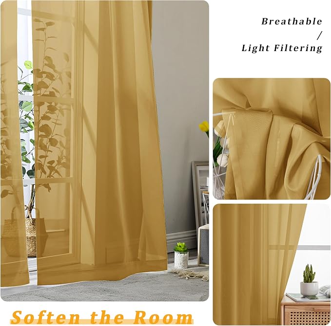 Gwine Gold Sheer Curtains for Bedroom 54 inches Long 2 Panels, Light Filtering - Image 3