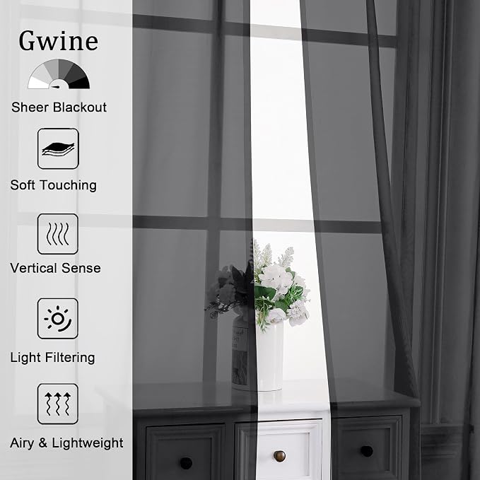 Gwine Black Sheer Curtains 84 Inches Long 2 Panels Set - Image 2