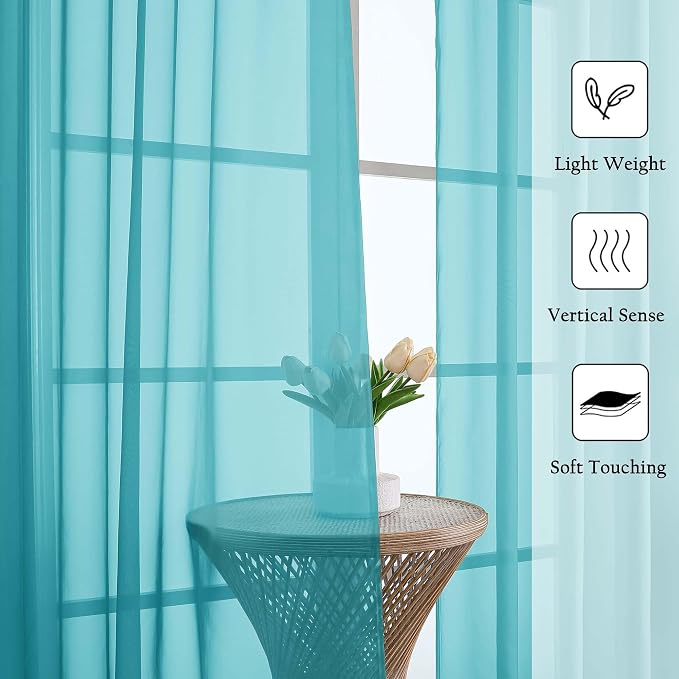 Lecloud Turquoise Sheer Curtains 90 Inches Long 2 Pcs, Soft Airy Light - Image 2