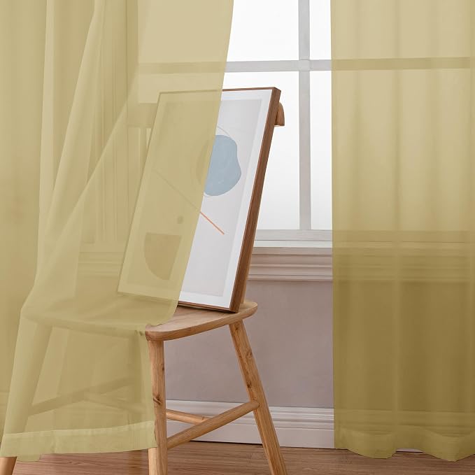 Simplebrand Gold Sheer Curtains 63 Inch Length 2 Panels, Rod Pocket Solid Color - Image 3