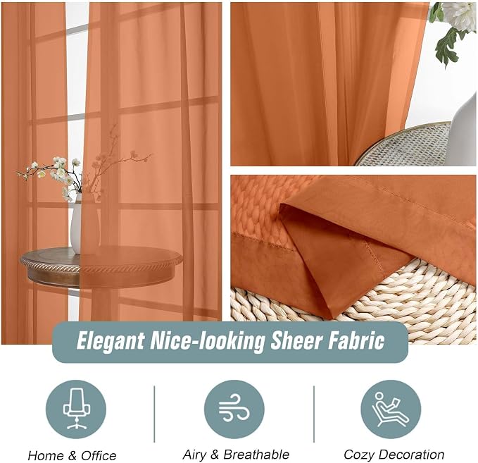 Orange Sheer Curtains for Window 96 Inches Long 2 Panels Set, Soft Airy Light - Image 4