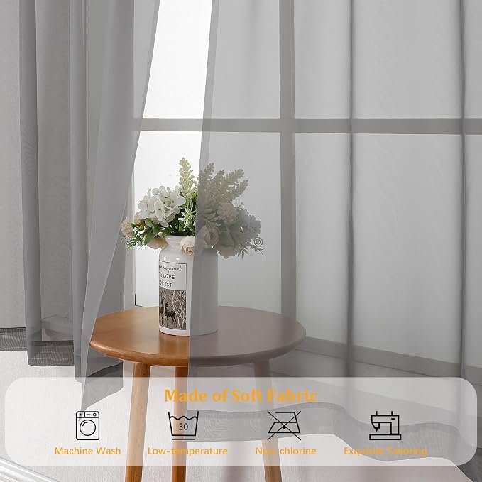 Gwine Charcoal Grey Sheer Curtains 96 Inches Long 2 Panels, Elegant Window - Image 7