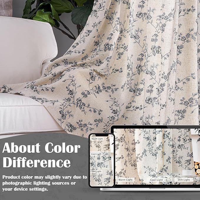 Lazzzy Farmhouse Linen Curtains Black Floral Curtains 96 Inch Length Back Tab - Image 6
