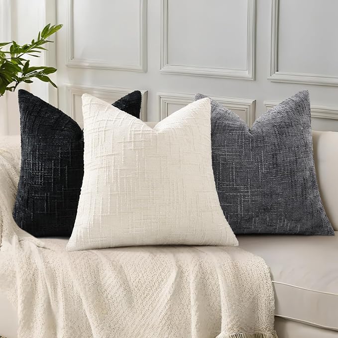 decorUhome Black Chenille Euro Sham Throw Pillow Covers 26x26 Set of 2 Textured - Image 4