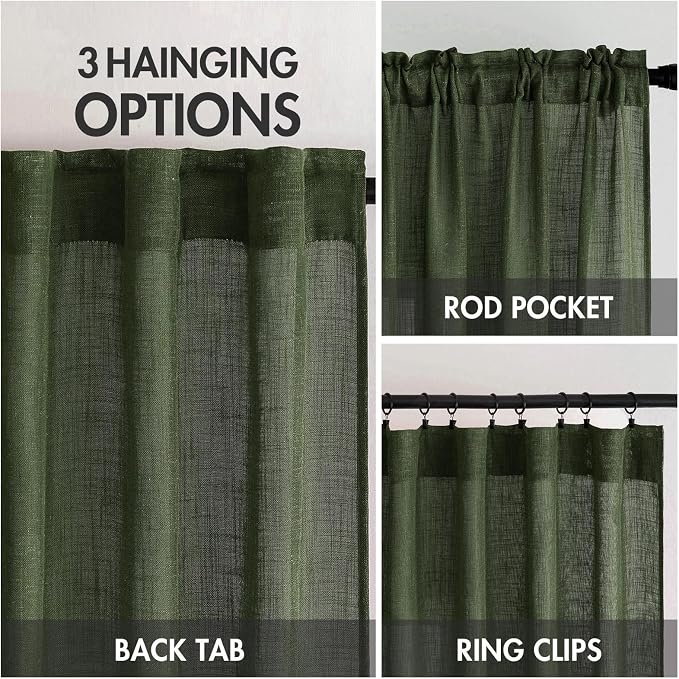 MIULEE Olive Green Linen Curtains 54 Inch Length 2 Panels - Image 3